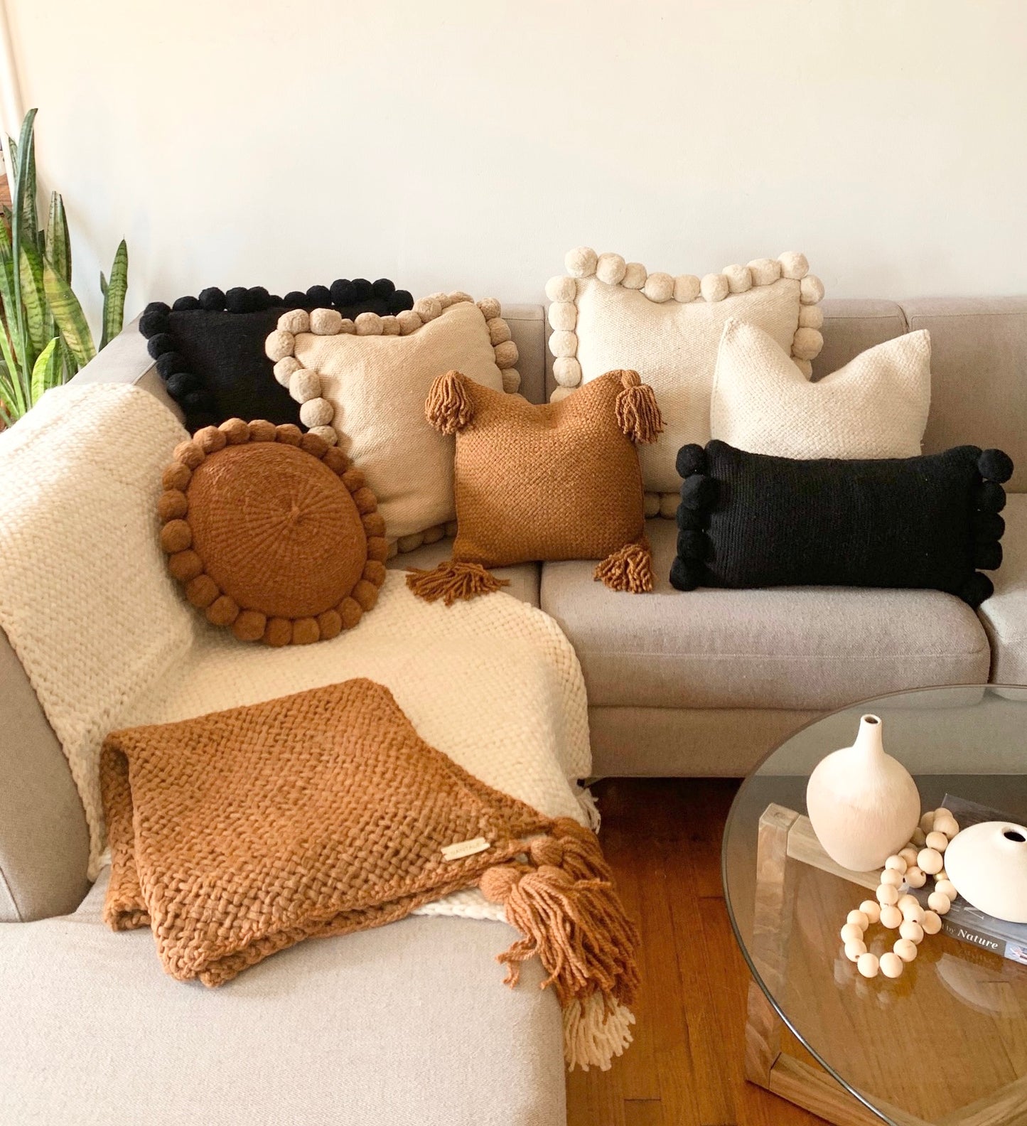 Medium Round Rust Boho Pom Pom pillow cover