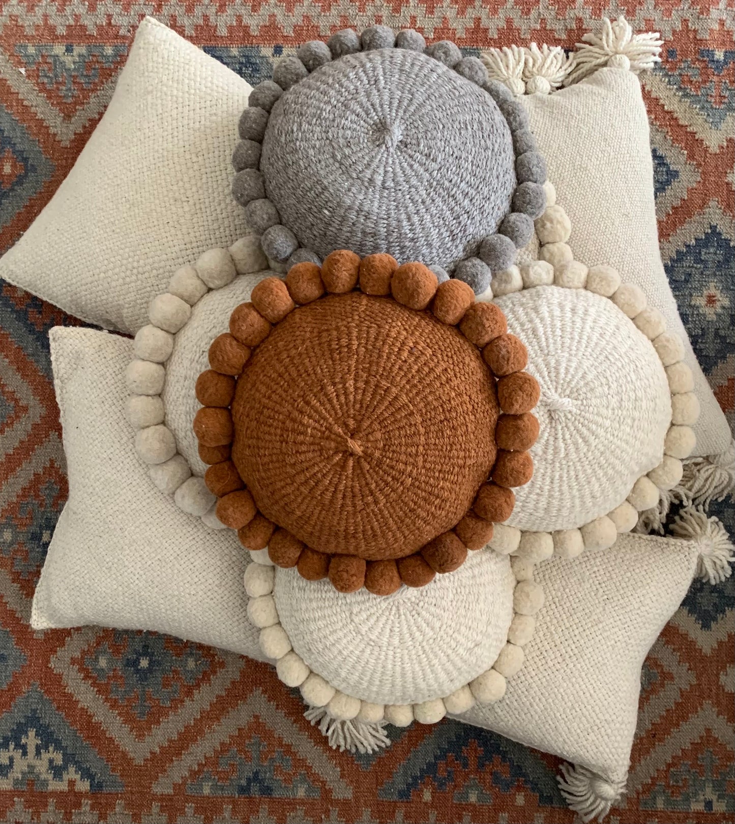 Medium Round Rust Boho Pom Pom pillow cover