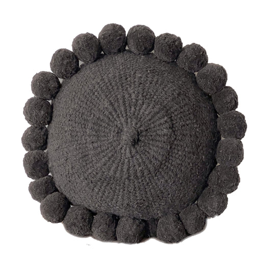 Medium Round Rustic Black Boho Pom Pom pillow cover