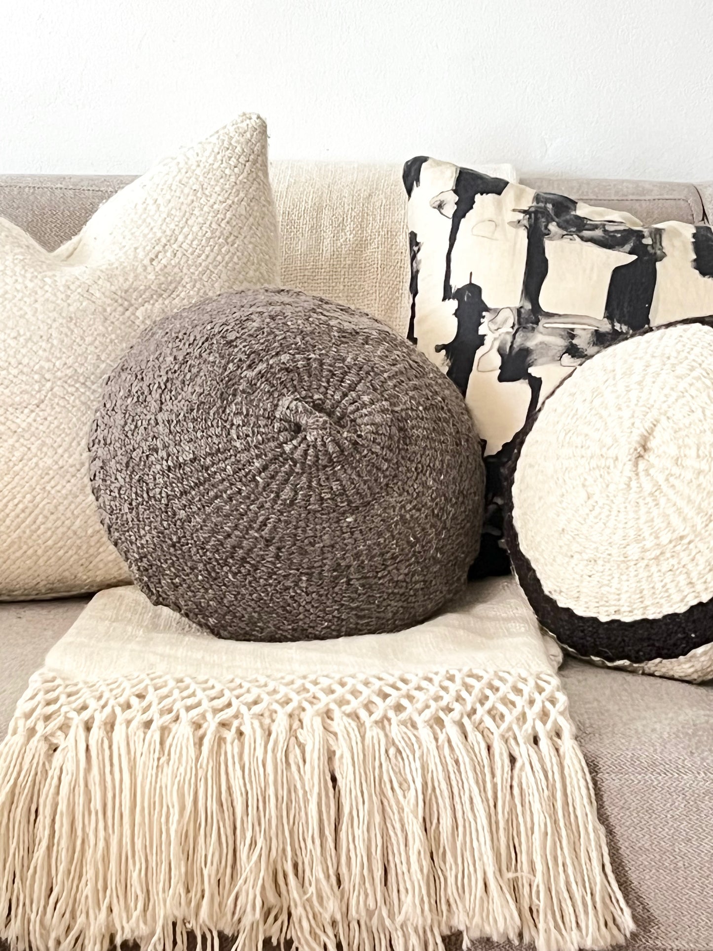 Medium Round Ivory + Black detail wool pillow cover