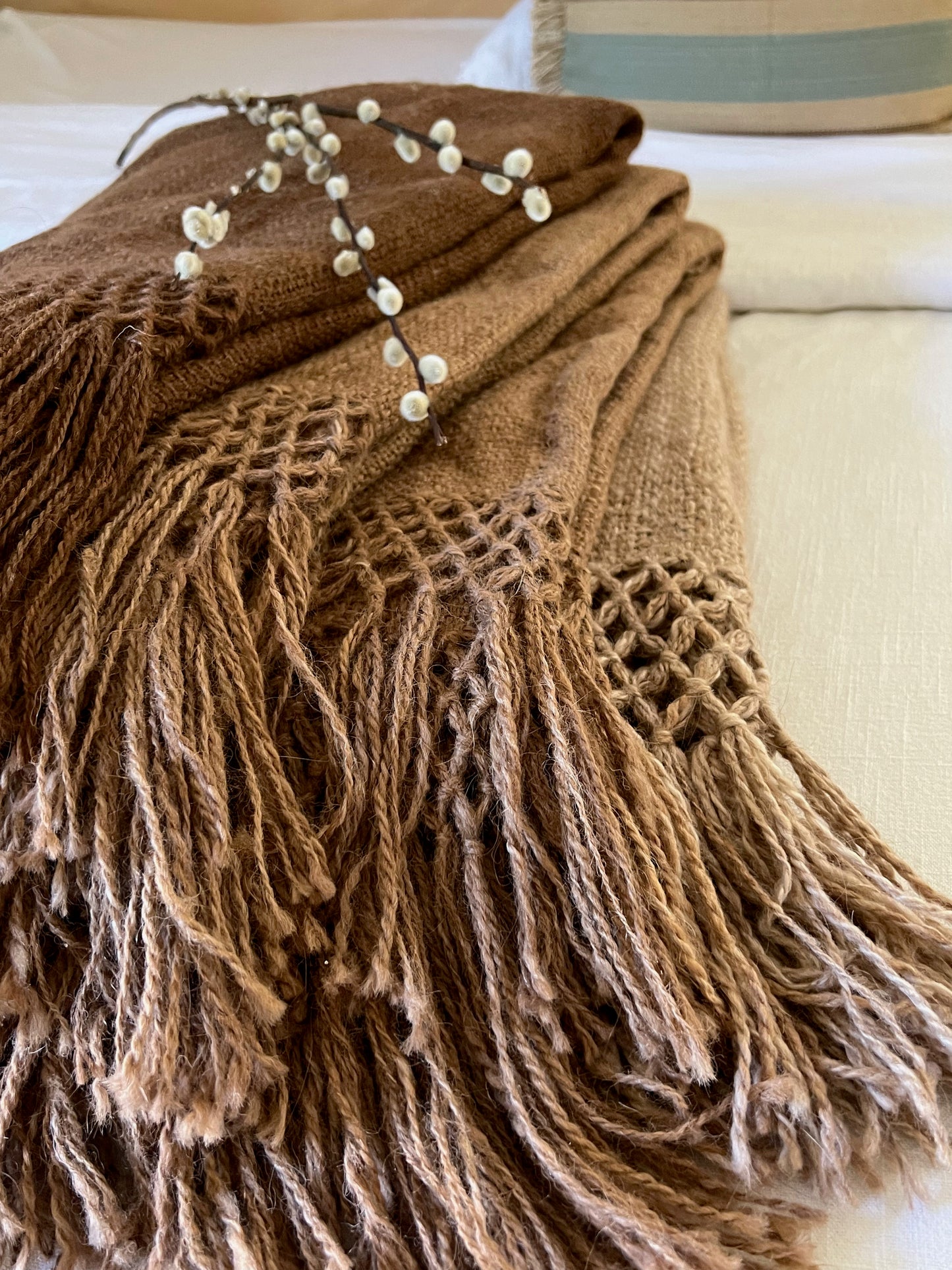 Handwoven Llama wool throw with macrame detail + tassels