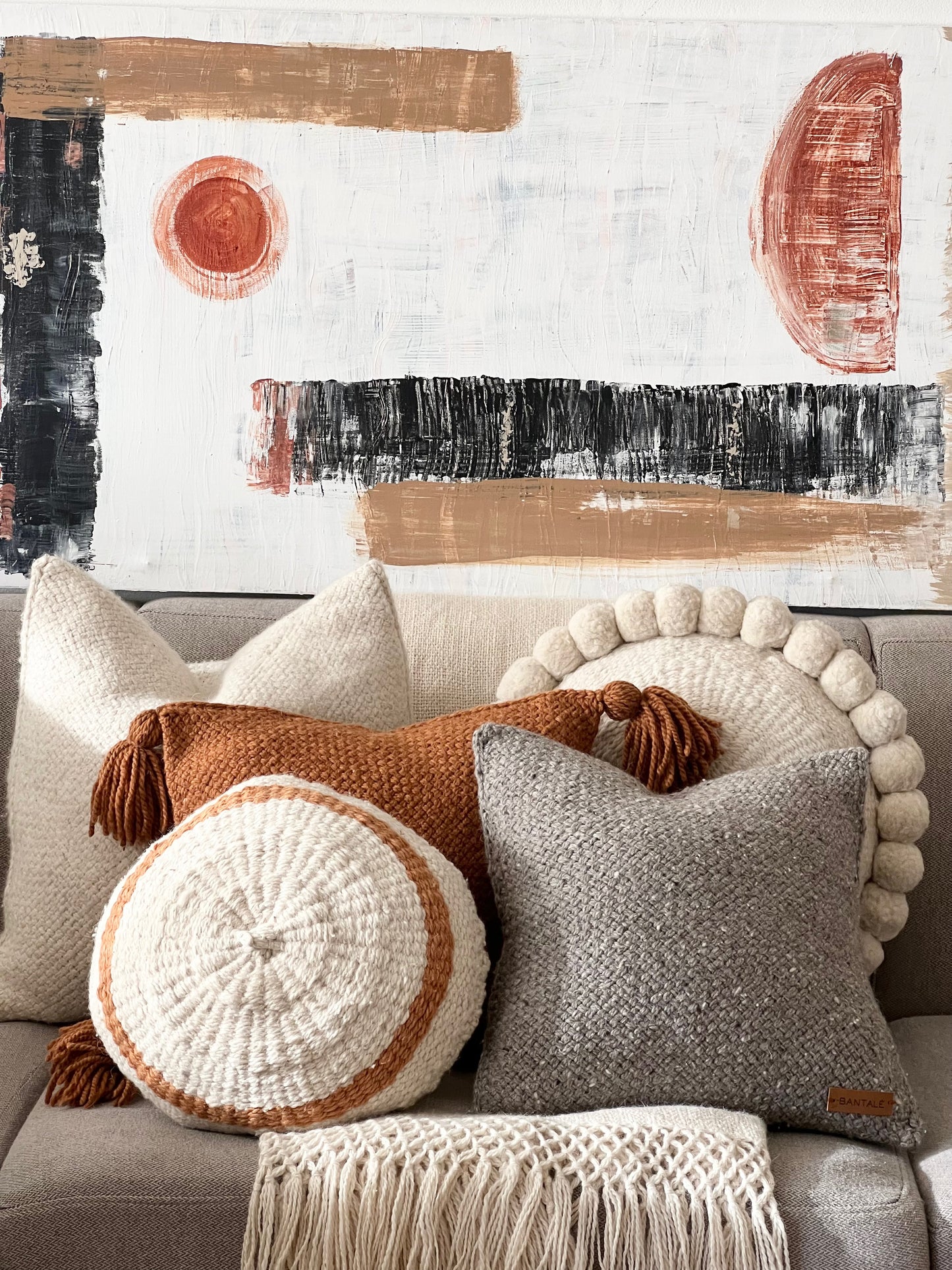 Medium Round Ivory + pumpkin detail wool pillow cover